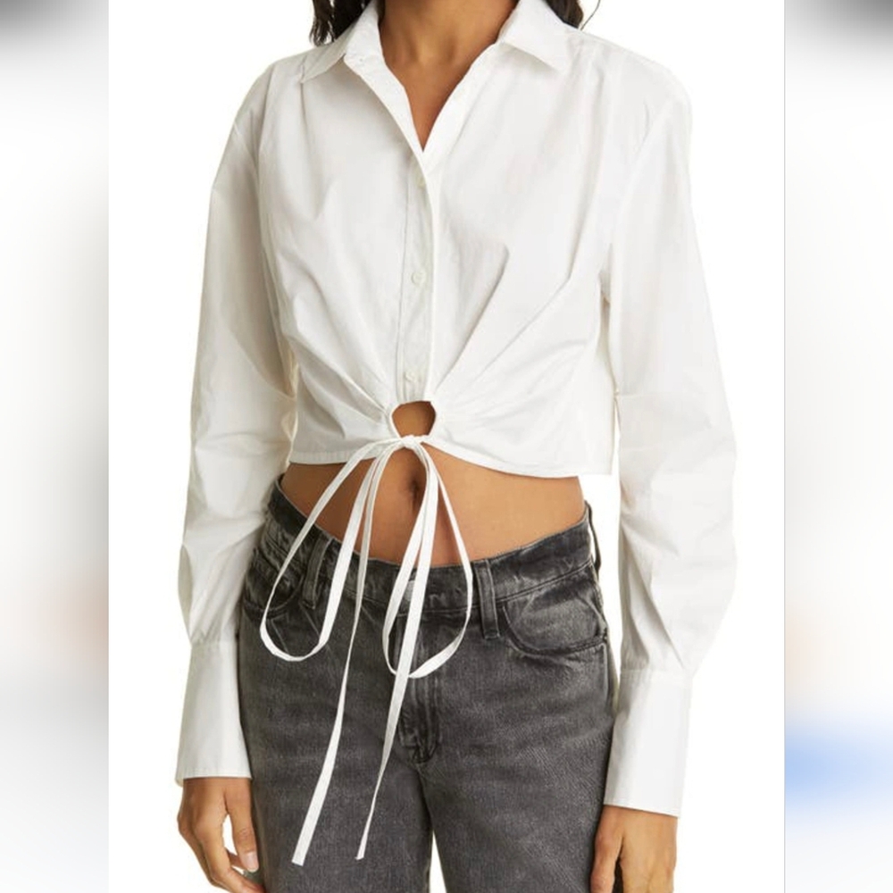 Frame Denim Cotton Cropped Tie Wrap Crisp White Top Blouse Size Small